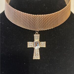 Elegant Gold Choker Necklace with Crystal Cross Pendant